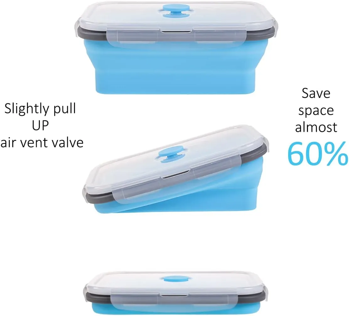 Collapsible Food Storage Containers with Airtight Lid & Air Vent, 4 Sizes, Kitchen Stacking Silicone Collapsible Meal Prep Container Set for Leftover, Microwave Freezer Dishwasher Safe, Blue, Set of 4