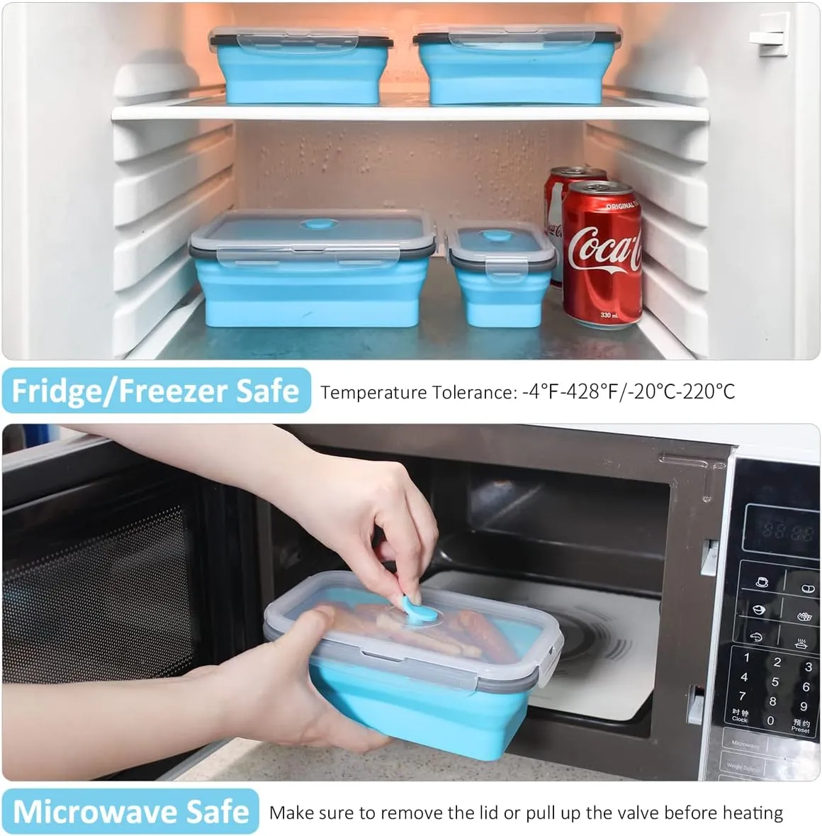 Collapsible Food Storage Containers with Airtight Lid & Air Vent, 4 Sizes, Kitchen Stacking Silicone Collapsible Meal Prep Container Set for Leftover, Microwave Freezer Dishwasher Safe, Blue, Set of 4