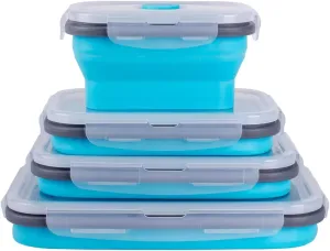 Collapsible Food Storage Containers with Airtight Lid & Air Vent, 4 Sizes, Kitchen Stacking Silicone Collapsible Meal Prep Container Set for Leftover, Microwave Freezer Dishwasher Safe, Blue, Set of 4