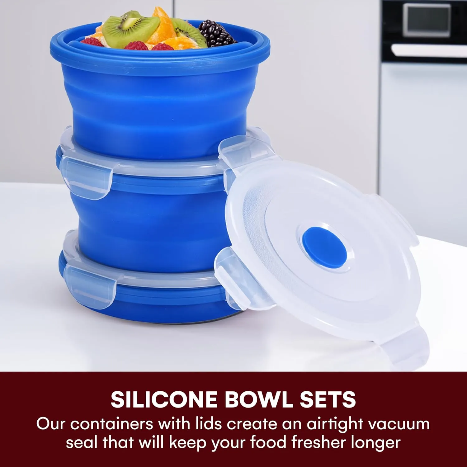 Collapsible Food Storage Containers with Lids - 13.5oz/0.4L Silicone Bowls with Airtight Lid for Kitchen, Camping - BPA Free, Microwave, Dishwasher and Freezer Safe Lunch Boxes - Salad Bowl Container