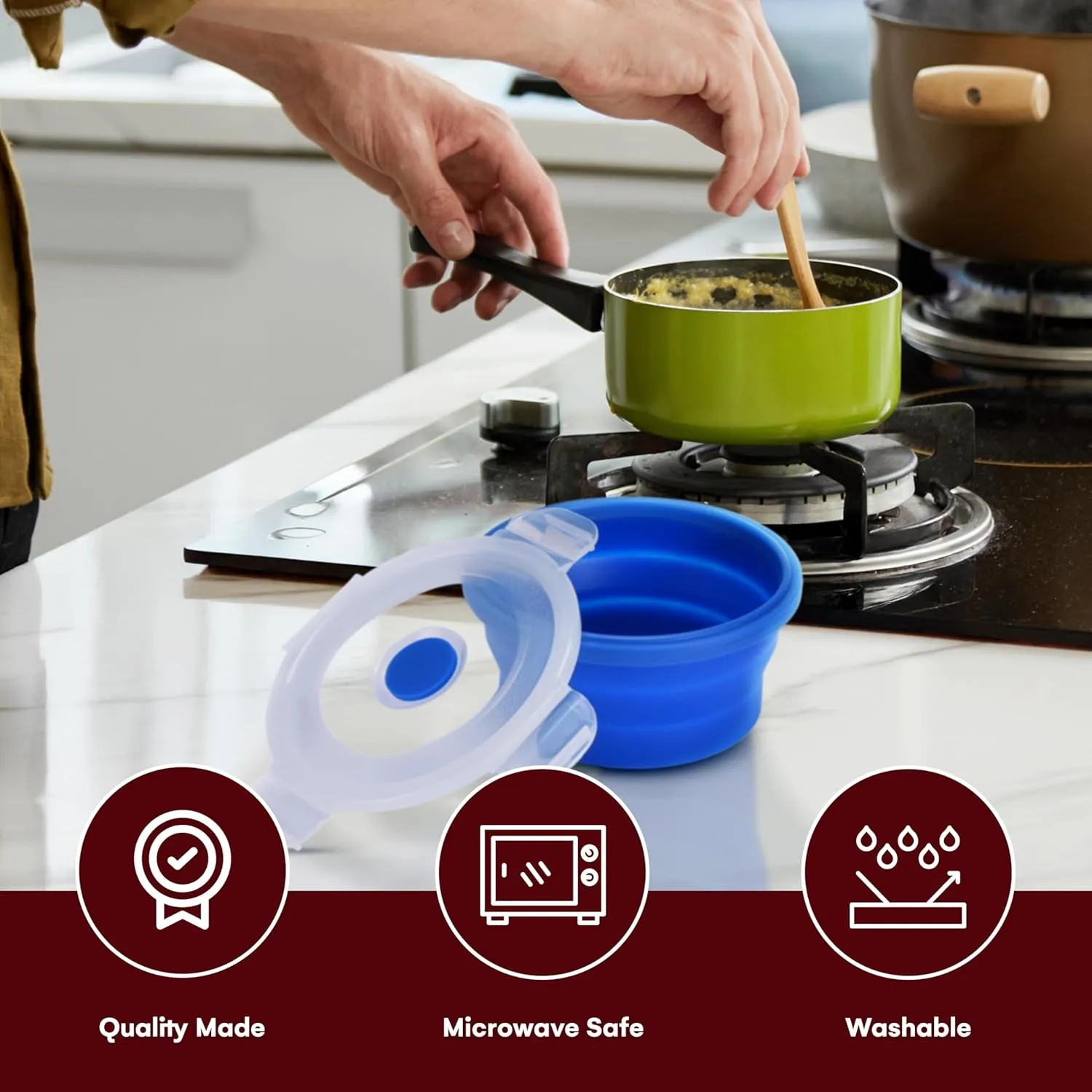 Collapsible Food Storage Containers with Lids - 13.5oz/0.4L Silicone Bowls with Airtight Lid for Kitchen, Camping - BPA Free, Microwave, Dishwasher and Freezer Safe Lunch Boxes - Salad Bowl Container