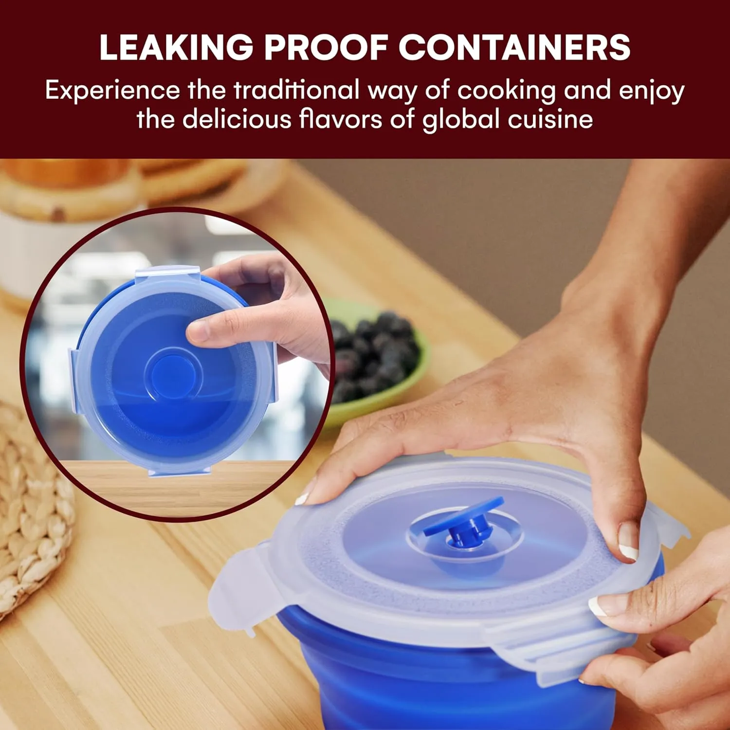 Collapsible Food Storage Containers with Lids - 13.5oz/0.4L Silicone Bowls with Airtight Lid for Kitchen, Camping - BPA Free, Microwave, Dishwasher and Freezer Safe Lunch Boxes - Salad Bowl Container