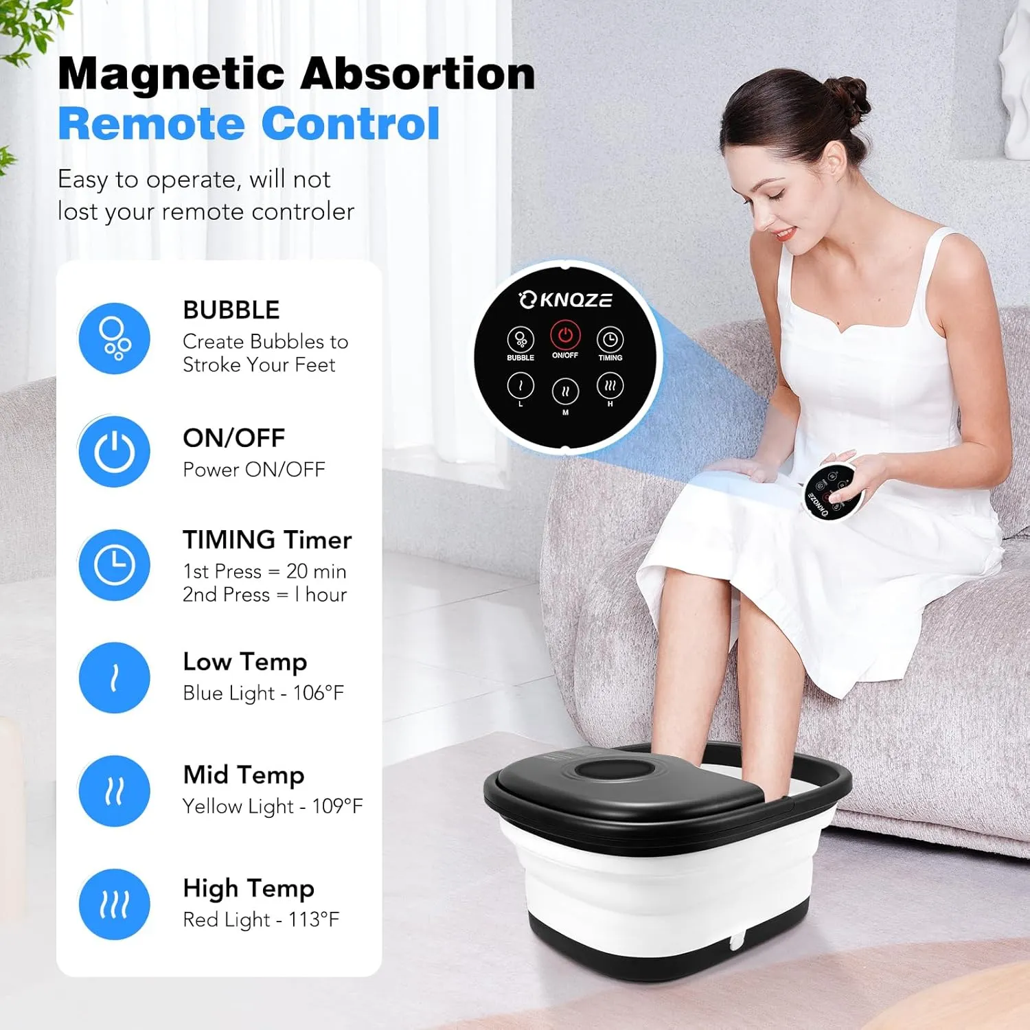 Collapsible Foot Spa Bath with Heat, Remote Control, Temperature Control, Bubbles, Pumice Stone, Red Light, Timer, 16 Massage Roller Pedicure Foot Spa Tub Foot Soaker for Soothe & Relax Tired Feet