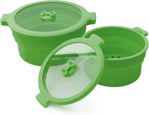 Collapsible Silicone Bowls with Lids for Camping, Microwave, Travel & Outdoor Hiking - Green 2 Pack (0.8L 1.4L)