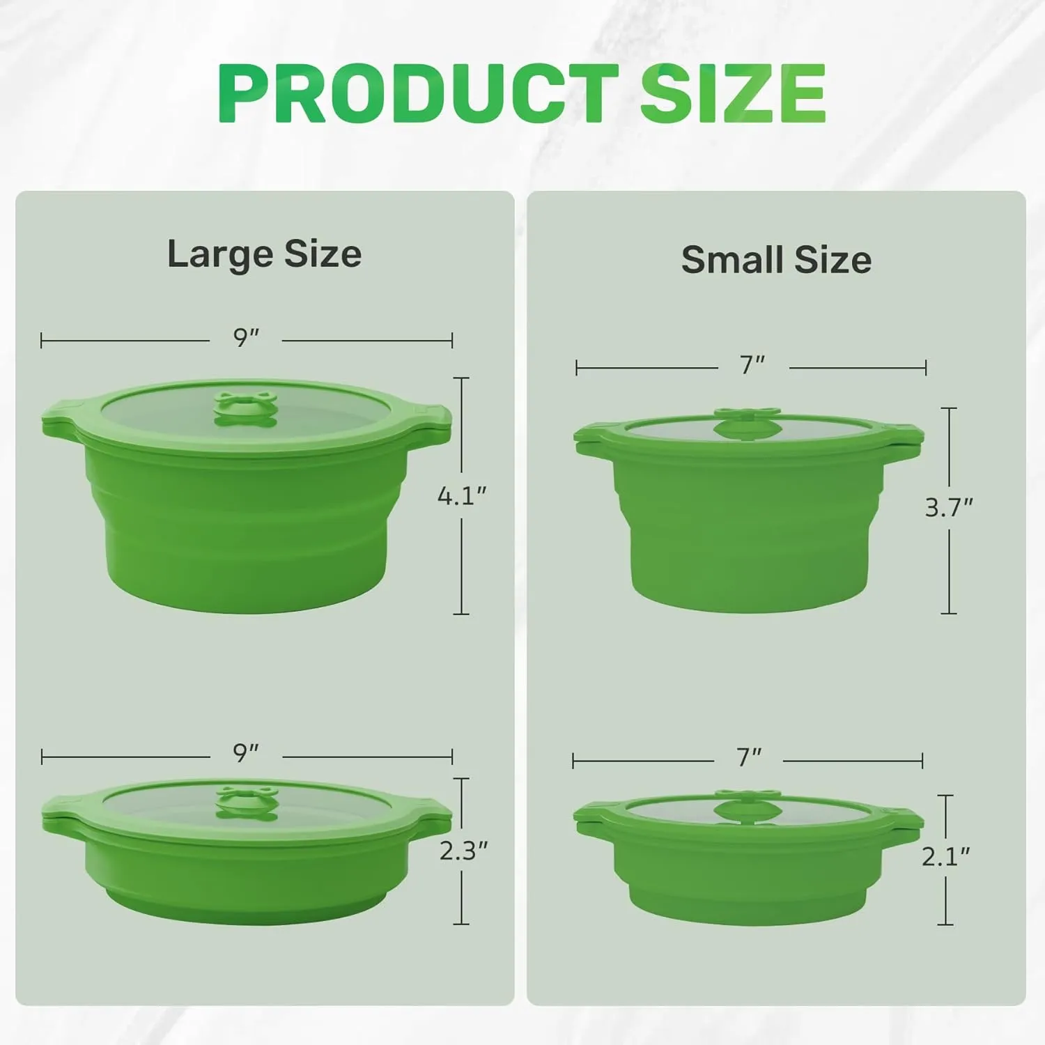 Collapsible Silicone Bowls with Lids for Camping, Microwave, Travel & Outdoor Hiking - Green 2 Pack (0.8L 1.4L)