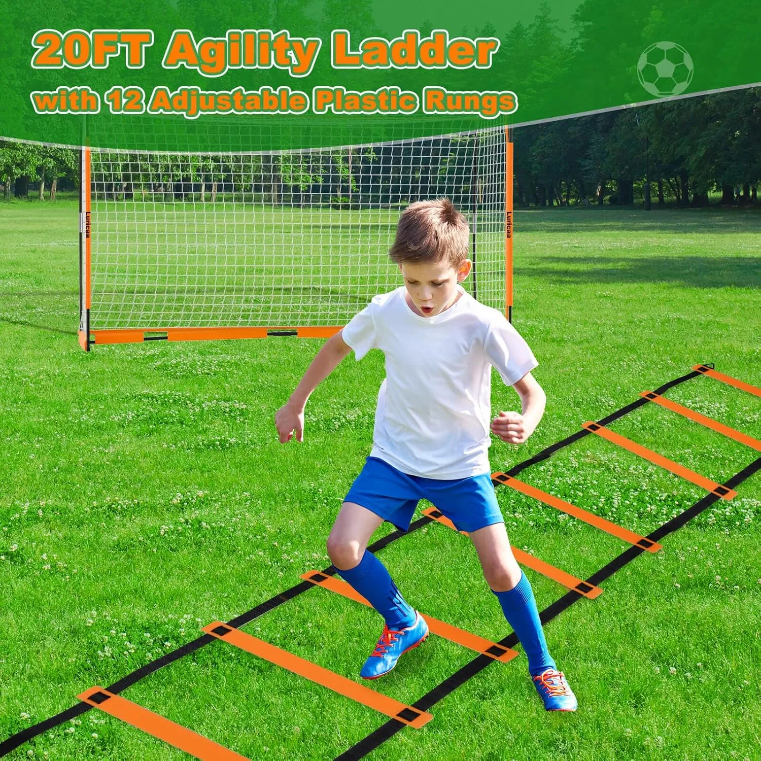 Collapsible Soccer Goal, 12×6 ft Portable Soccer Goal Net for Backyard, Quick Setup Soccer Goals with 1 Carry Bag, 1 Agility Ladder, 4 Ground Nails,12 Training Cones