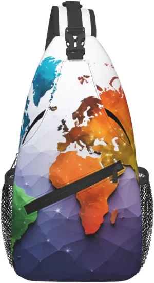 Color World Map Sling Bag Waterproof Lightweight Crossbody Shoulder Backpack Chest Bags Travel Hiking Casual Daypack For Women Men