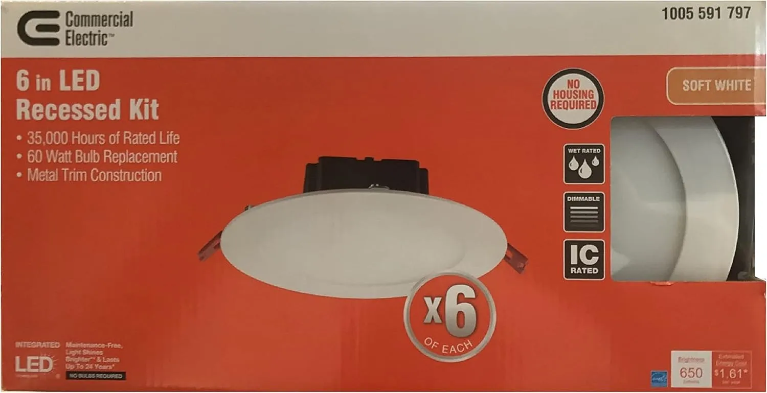 Commercial Electric 6 in, White Flush Round Wet Rated LED Integrated Recessed Lighting Kit (6 Pack)