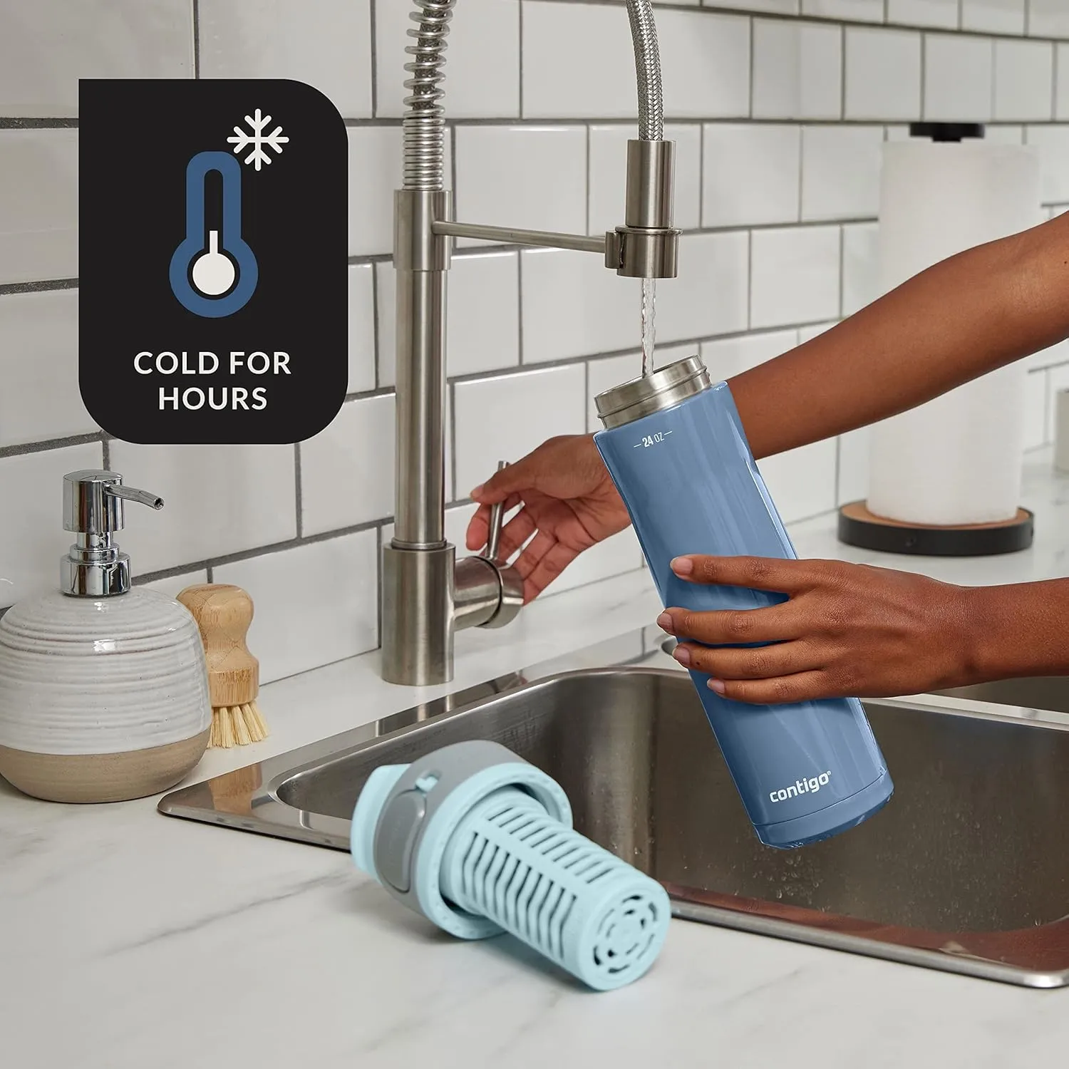Contigo Clybourn Chill Stainless Steel FreeFlow Filter Water Bottle with AUTOSEAL, 24oz., Dark Ice