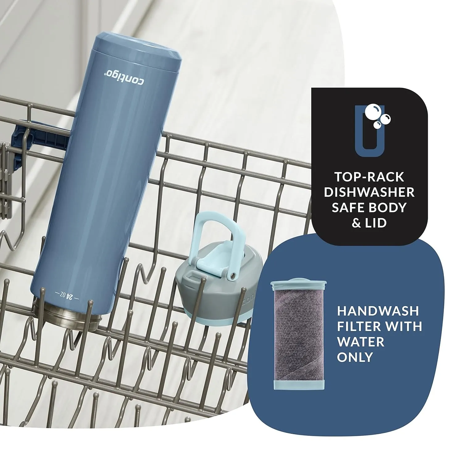Contigo Clybourn Chill Stainless Steel FreeFlow Filter Water Bottle with AUTOSEAL, 24oz., Dark Ice