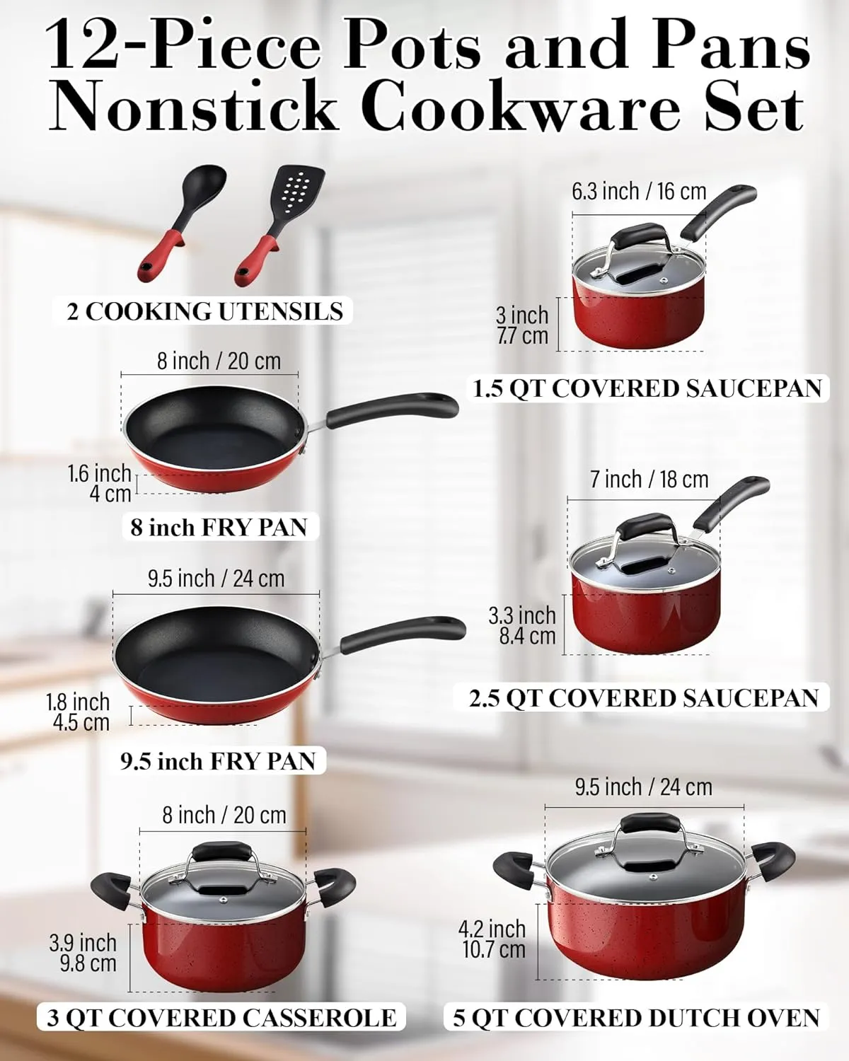 Cook N Home Pots and Pans Nonstick Cookware Set 12-Piece, Kitchen Cooking Set with Frying Pans and Saucepans, Induction Compatible, Marble Red
