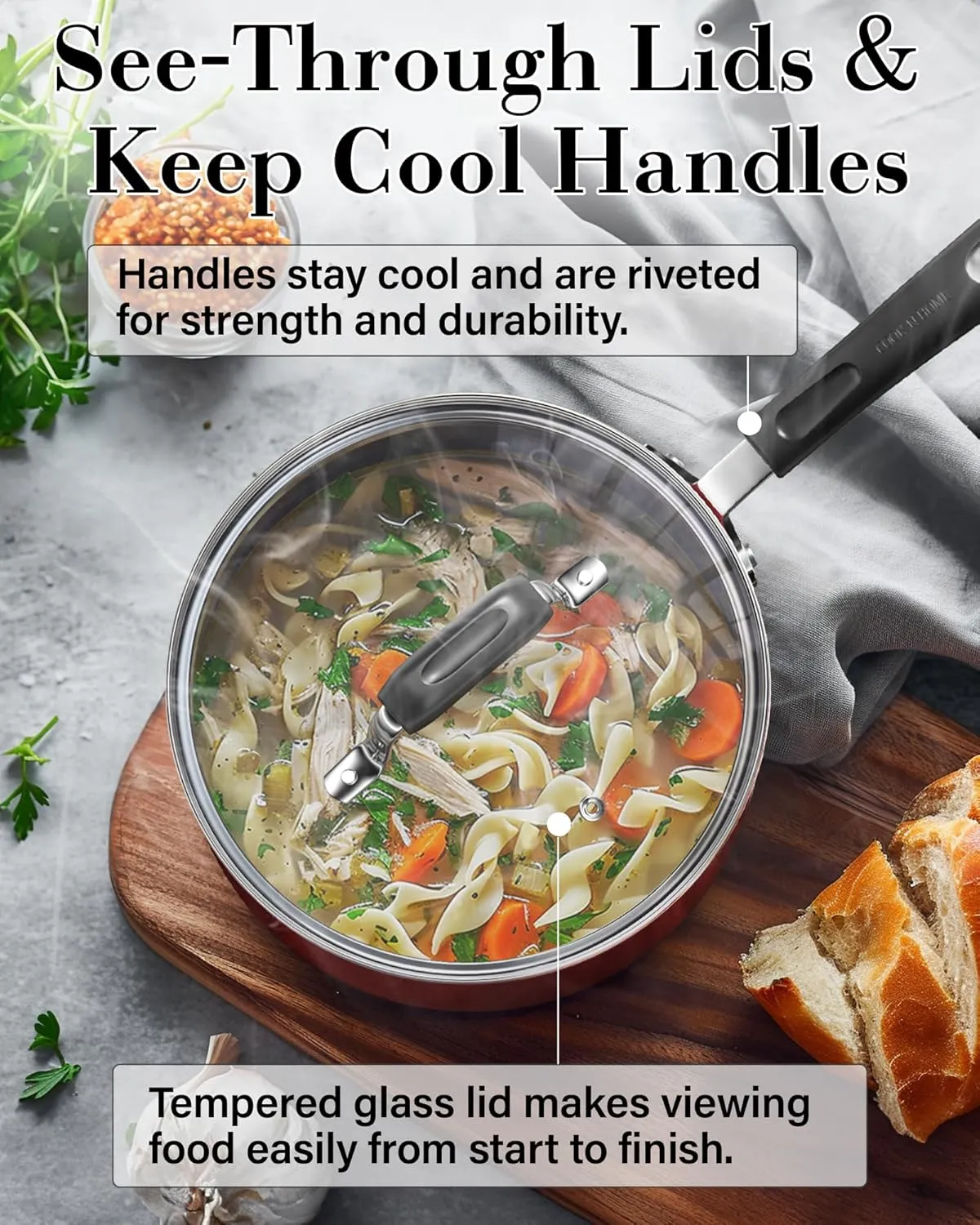 Cook N Home Pots and Pans Nonstick Cookware Set 12-Piece, Kitchen Cooking Set with Frying Pans and Saucepans, Induction Compatible, Marble Red