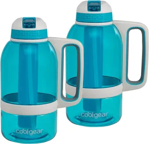 COOL GEAR 2-Pack 64 oz System Sports Water Bottle with Freezer Stick and Handle | Durable, Shatter Resistant Tritan™ Material - Teal