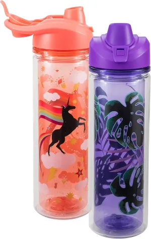 COOL GEAR Essence Chugger Water Bottle with Wide Mouth & Flip Up Design | Double-Wall Insulation and Carry Loop For Easy On-The-Go Use (2-Pack, 20 oz, Unicorn/Leaves)