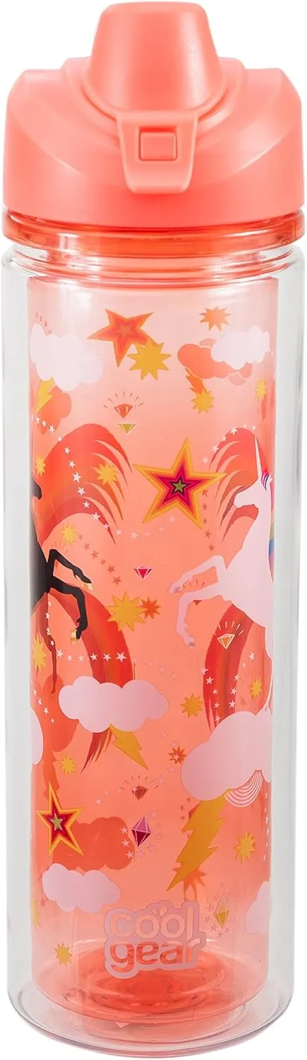 COOL GEAR Essence Chugger Water Bottle with Wide Mouth & Flip Up Design | Double-Wall Insulation and Carry Loop For Easy On-The-Go Use (2-Pack, 20 oz, Unicorn/Leaves)