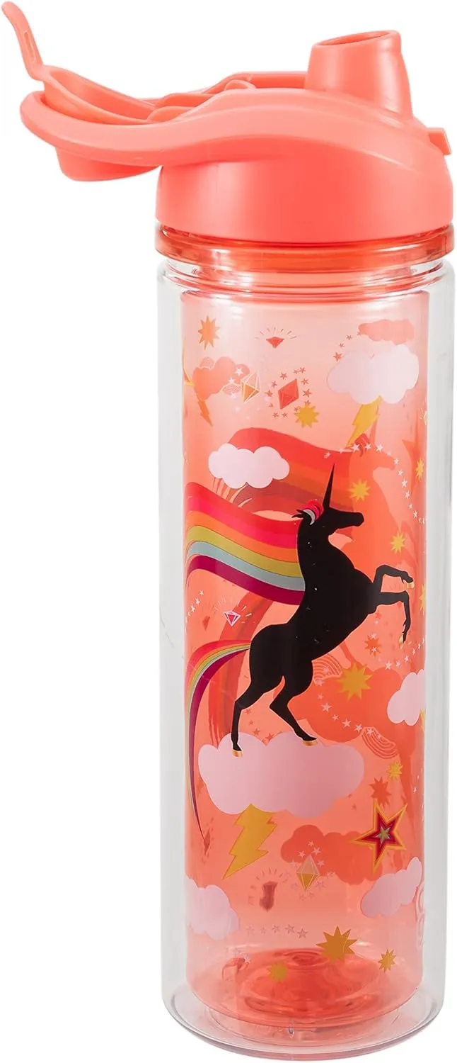 COOL GEAR Essence Chugger Water Bottle with Wide Mouth & Flip Up Design | Double-Wall Insulation and Carry Loop For Easy On-The-Go Use (2-Pack, 20 oz, Unicorn/Leaves)