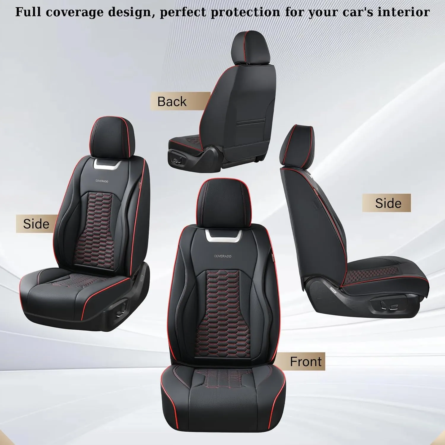 Coverado Car Seat Covers Full Set, 5 Seats Nappa Leather Seat Covers for Cars, Waterproof Automotive Car Seat Covers Interior Accessories Universal Fit Most Cars(Black&Red)