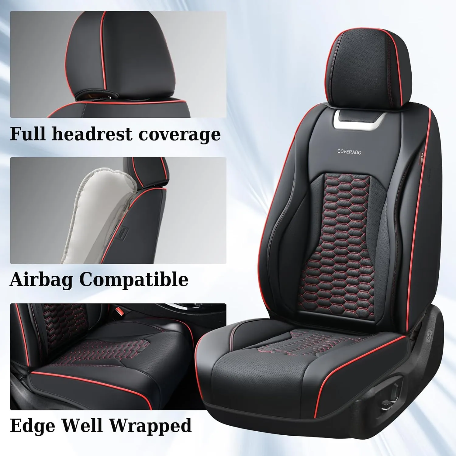 Coverado Car Seat Covers Full Set, 5 Seats Nappa Leather Seat Covers for Cars, Waterproof Automotive Car Seat Covers Interior Accessories Universal Fit Most Cars(Black&Red)