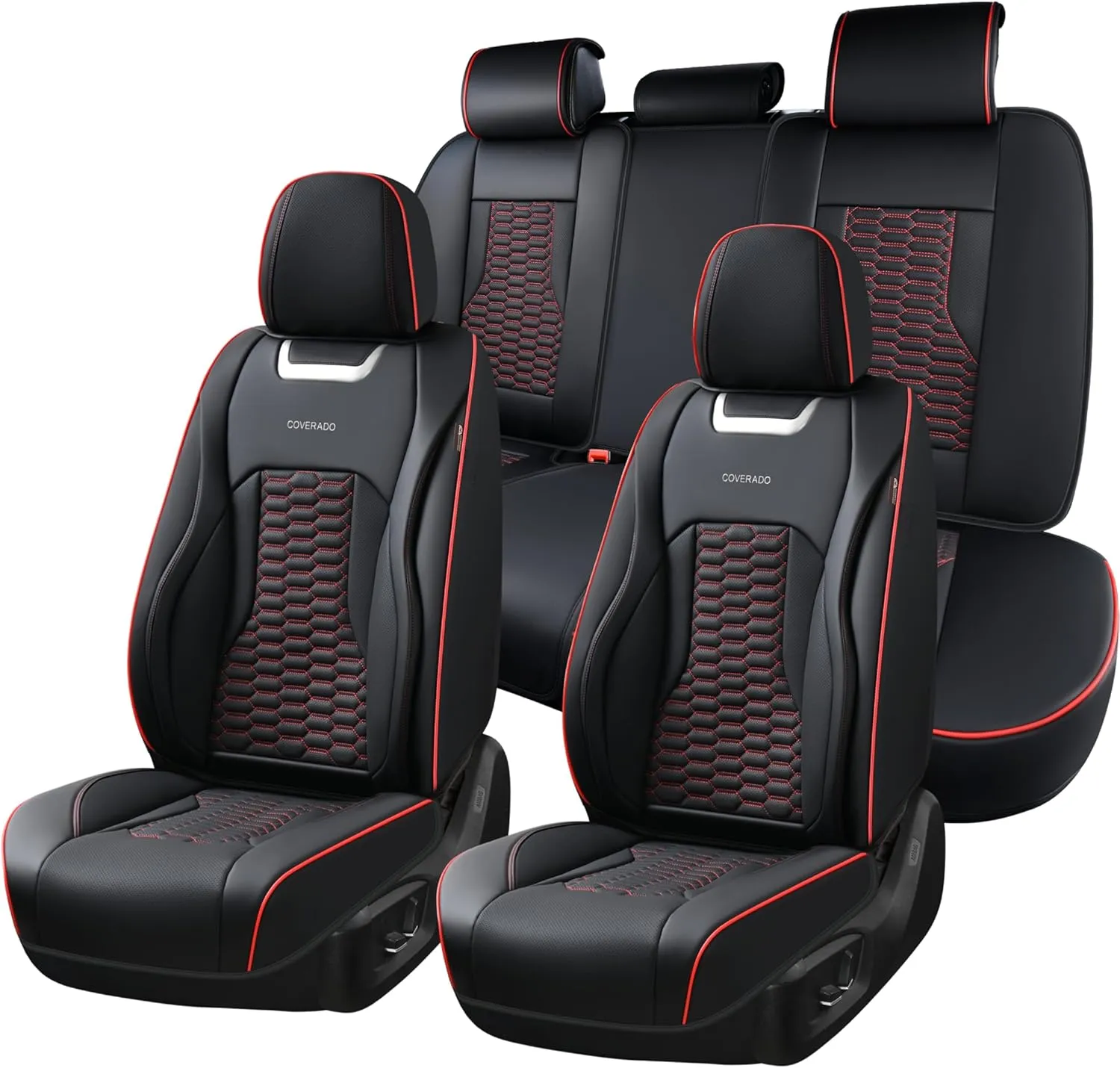 Coverado Car Seat Covers Full Set, 5 Seats Nappa Leather Seat Covers for Cars, Waterproof Automotive Car Seat Covers Interior Accessories Universal Fit Most Cars(Black&Red)