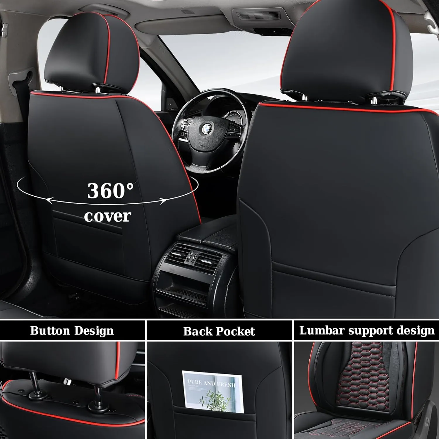 Coverado Car Seat Covers Full Set, 5 Seats Nappa Leather Seat Covers for Cars, Waterproof Automotive Car Seat Covers Interior Accessories Universal Fit Most Cars(Black&Red)