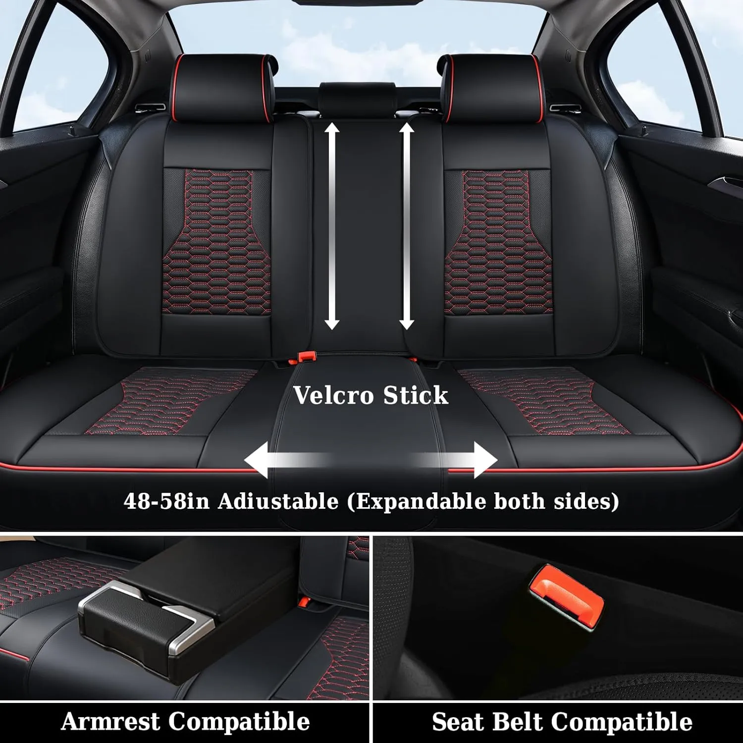 Coverado Car Seat Covers Full Set, 5 Seats Nappa Leather Seat Covers for Cars, Waterproof Automotive Car Seat Covers Interior Accessories Universal Fit Most Cars(Black&Red)
