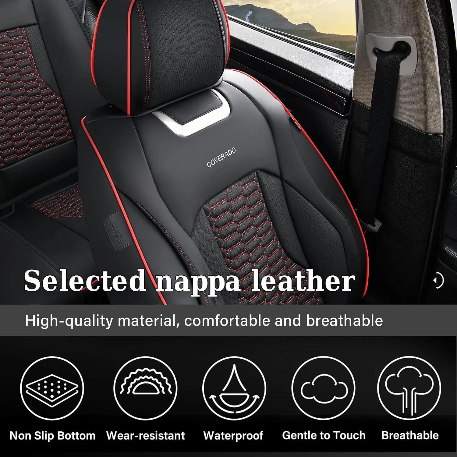 Coverado Car Seat Covers Full Set, 5 Seats Nappa Leather Seat Covers for Cars, Waterproof Automotive Car Seat Covers Interior Accessories Universal Fit Most Cars(Black&Red)