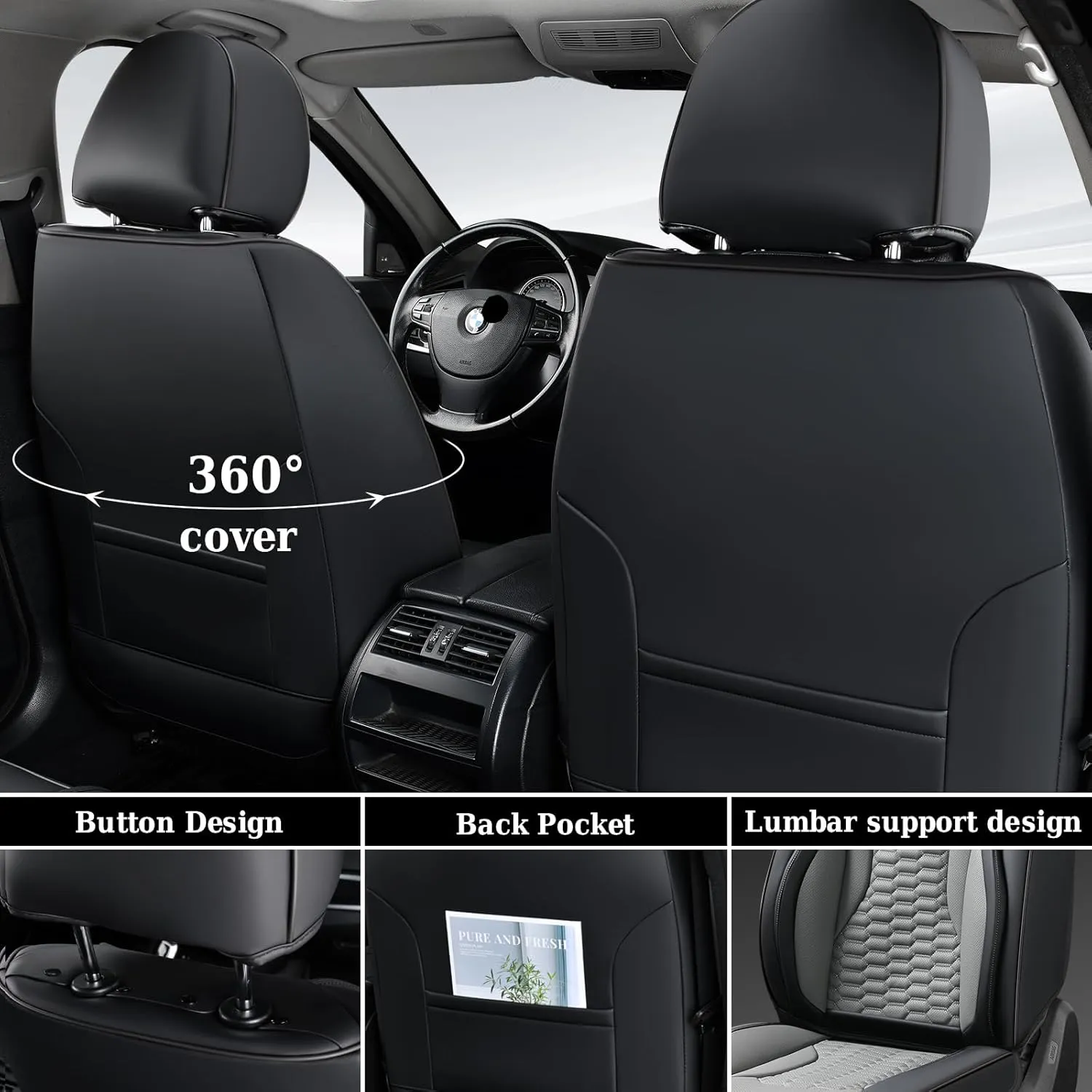 Coverado Car Seat Covers Full Set, 5 Seats Nappa Leather Seat Covers for Cars, Waterproof Automotive Car Seat Covers Interior Accessories Universal Fit Most Sedans, SUVs, Pick-up Trucks(Black&Gray)