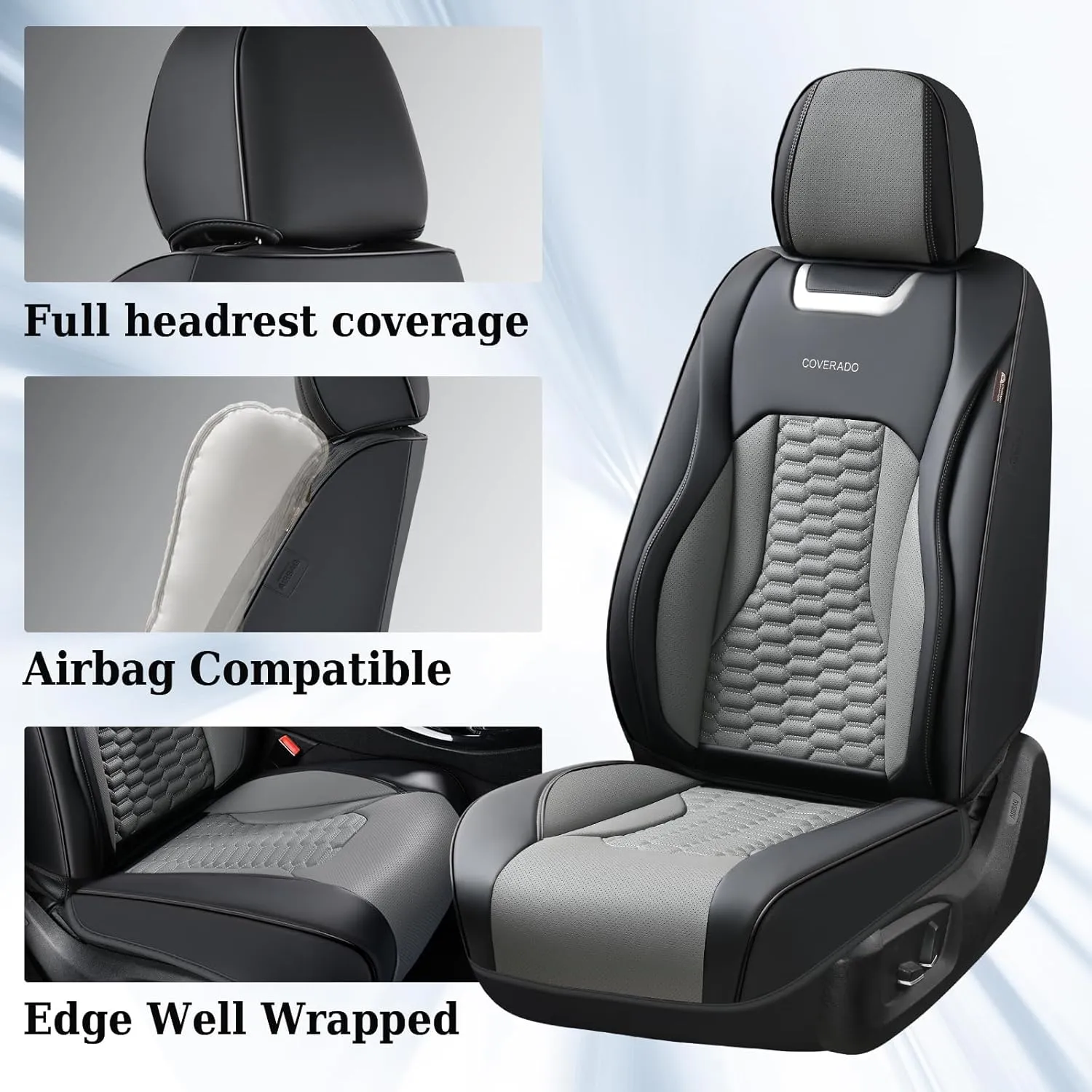 Coverado Car Seat Covers Full Set, 5 Seats Nappa Leather Seat Covers for Cars, Waterproof Automotive Car Seat Covers Interior Accessories Universal Fit Most Sedans, SUVs, Pick-up Trucks(Black&Gray)