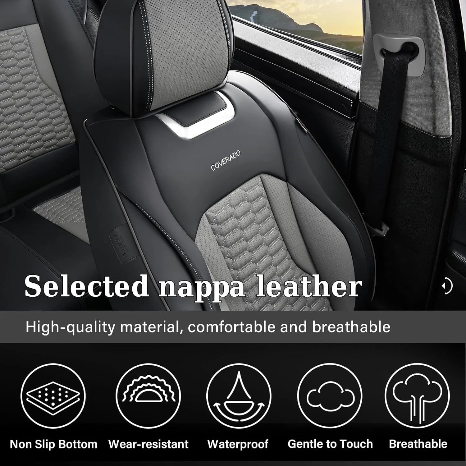 Coverado Car Seat Covers Full Set, 5 Seats Nappa Leather Seat Covers for Cars, Waterproof Automotive Car Seat Covers Interior Accessories Universal Fit Most Sedans, SUVs, Pick-up Trucks(Black&Gray)