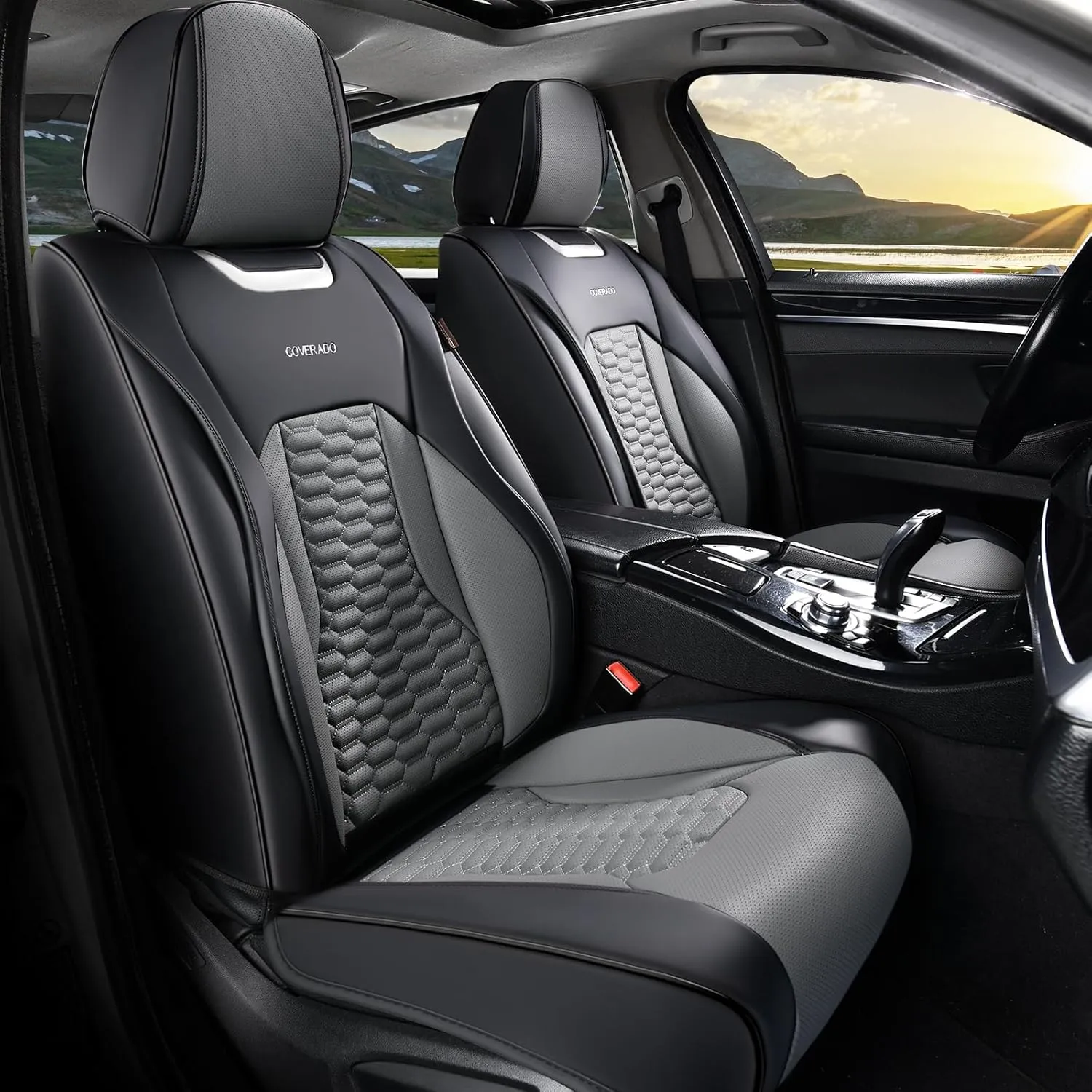 Coverado Car Seat Covers Full Set, 5 Seats Nappa Leather Seat Covers for Cars, Waterproof Automotive Car Seat Covers Interior Accessories Universal Fit Most Sedans, SUVs, Pick-up Trucks(Black&Gray)