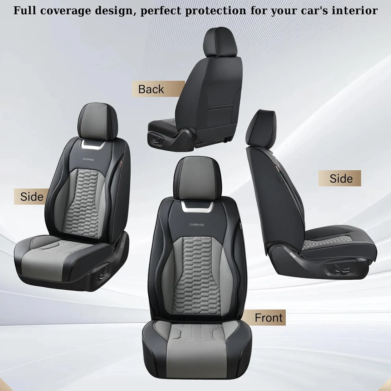 Coverado Car Seat Covers Full Set, 5 Seats Nappa Leather Seat Covers for Cars, Waterproof Automotive Car Seat Covers Interior Accessories Universal Fit Most Sedans, SUVs, Pick-up Trucks(Black&Gray)