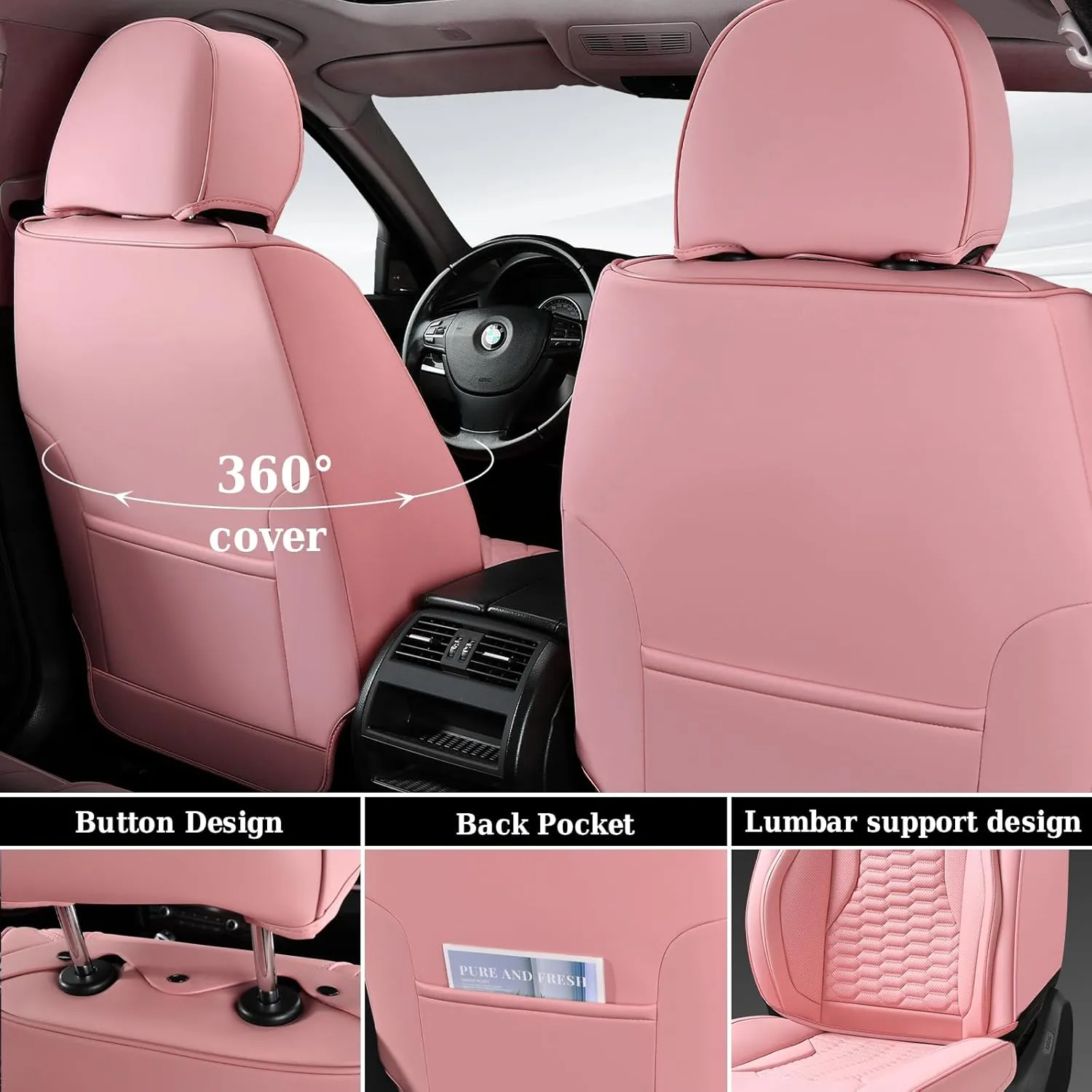 Coverado Car Seat Covers Full Set, 5 Seats Pink Seat Covers for Cars, Nappa Leather Waterproof Car Seat Covers Automotive Seat Covers Interior Accessories Universal Fit Most Cars