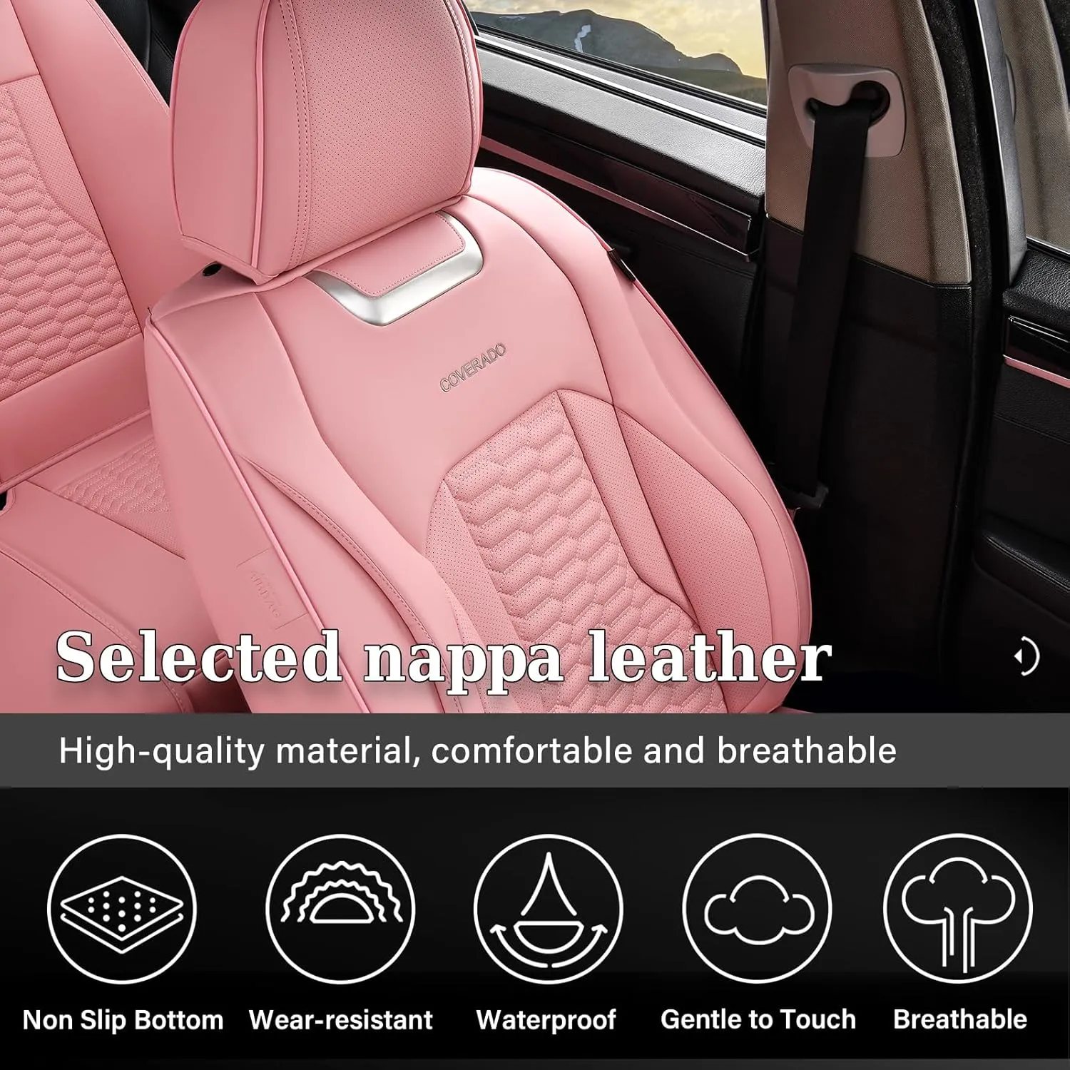 Coverado Car Seat Covers Full Set, 5 Seats Pink Seat Covers for Cars, Nappa Leather Waterproof Car Seat Covers Automotive Seat Covers Interior Accessories Universal Fit Most Cars