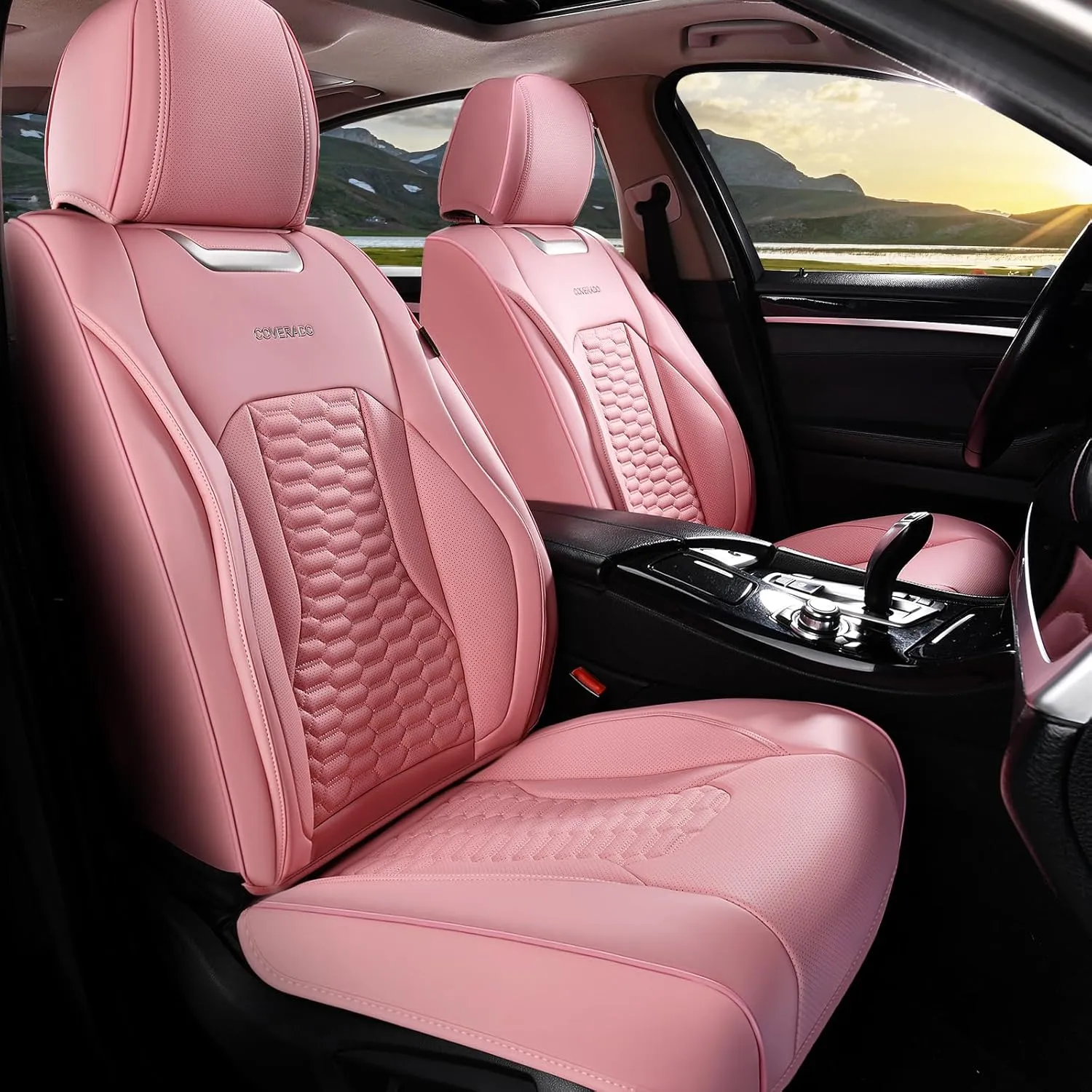 Coverado Car Seat Covers Full Set, 5 Seats Pink Seat Covers for Cars, Nappa Leather Waterproof Car Seat Covers Automotive Seat Covers Interior Accessories Universal Fit Most Cars