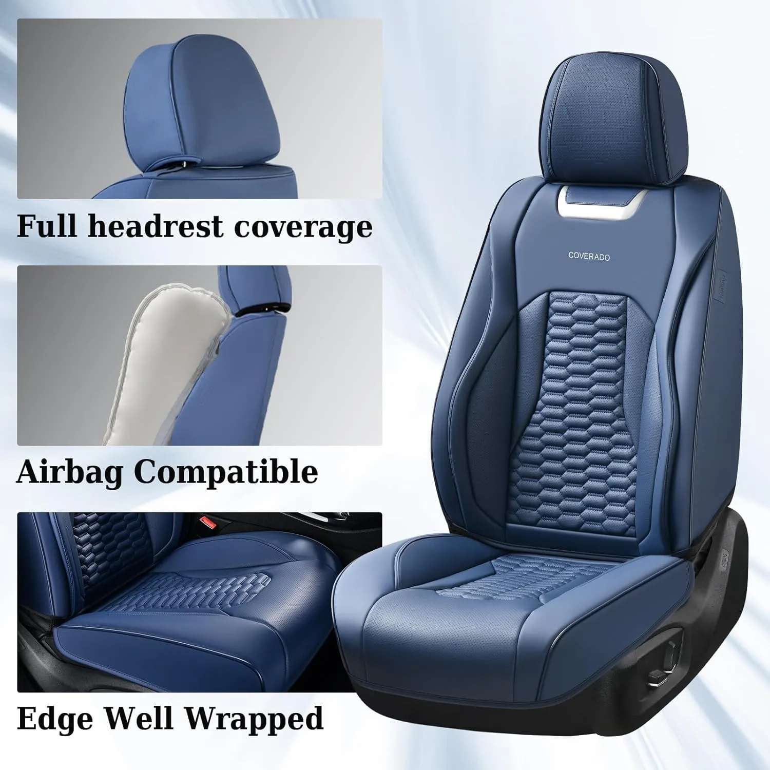 Coverado Car Seat Covers Full Set, 5 Seats Seat Covers for Cars, Nappa Leather Waterproof Car Seat Covers Automotive Seat Covers Interior Accessories Universal Fit Most Cars(Blue)