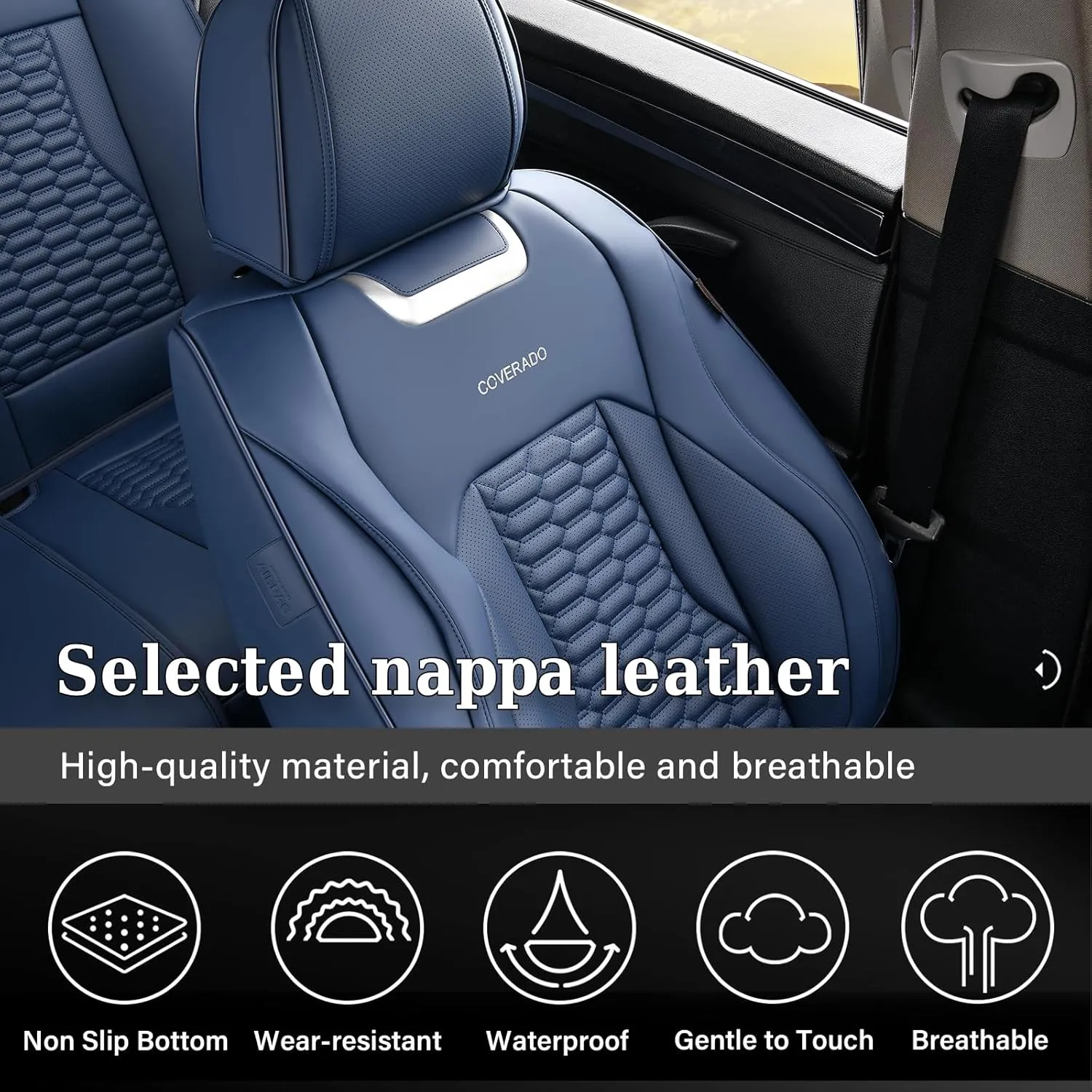 Coverado Car Seat Covers Full Set, 5 Seats Seat Covers for Cars, Nappa Leather Waterproof Car Seat Covers Automotive Seat Covers Interior Accessories Universal Fit Most Cars(Blue)