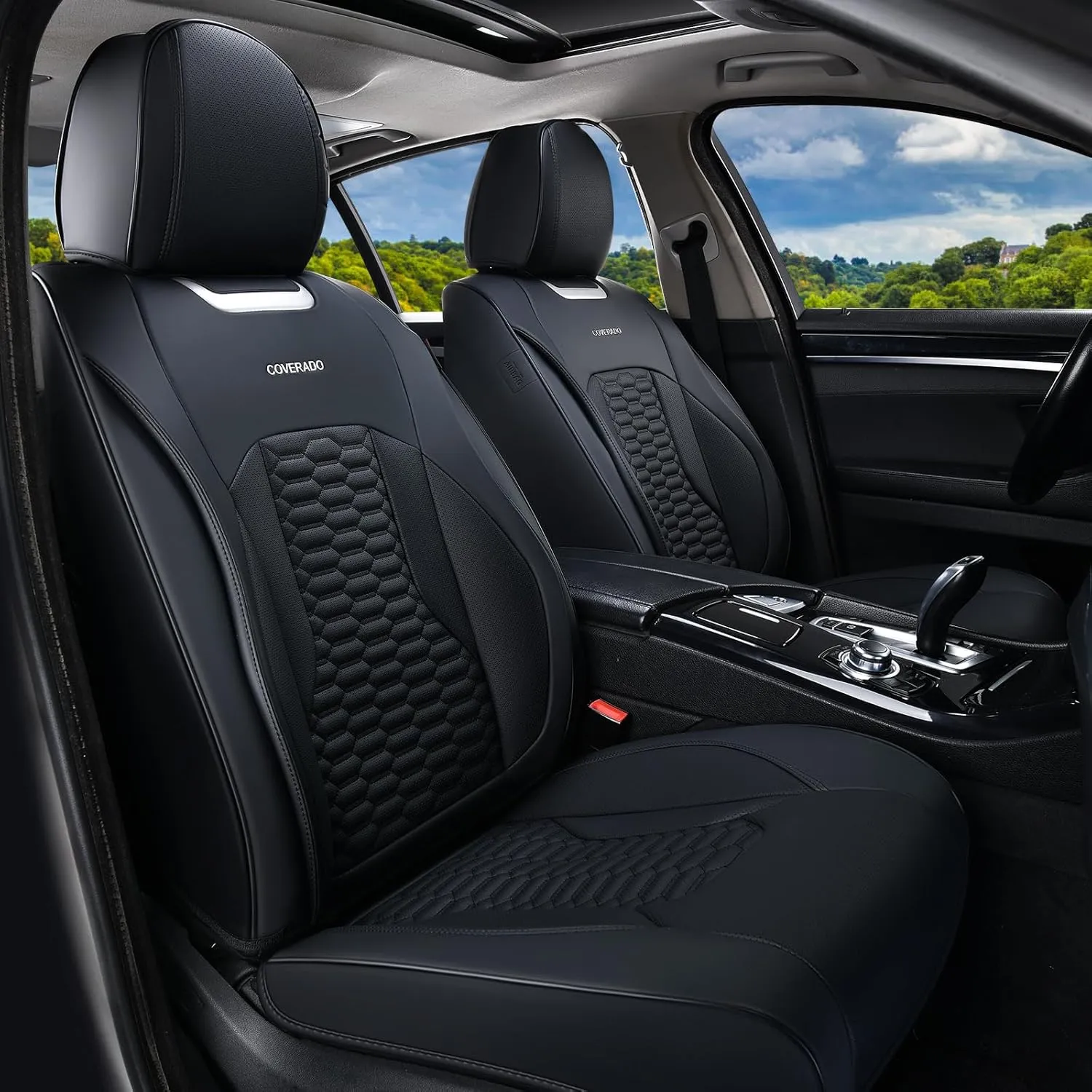 Coverado Car Seat Covers Full Set, Nappa Leather Seat Covers for Cars, Waterproof Automotive Car Seat Covers Interior Accessories Universal Fit Most Sedans, SUVs, Pick-up Trucks (Black)