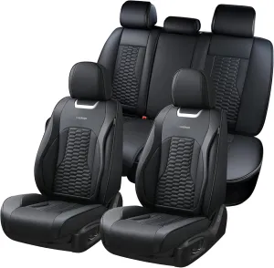Coverado Car Seat Covers Full Set, Nappa Leather Seat Covers for Cars, Waterproof Automotive Car Seat Covers Interior Accessories Universal Fit Most Sedans, SUVs, Pick-up Trucks (Black)
