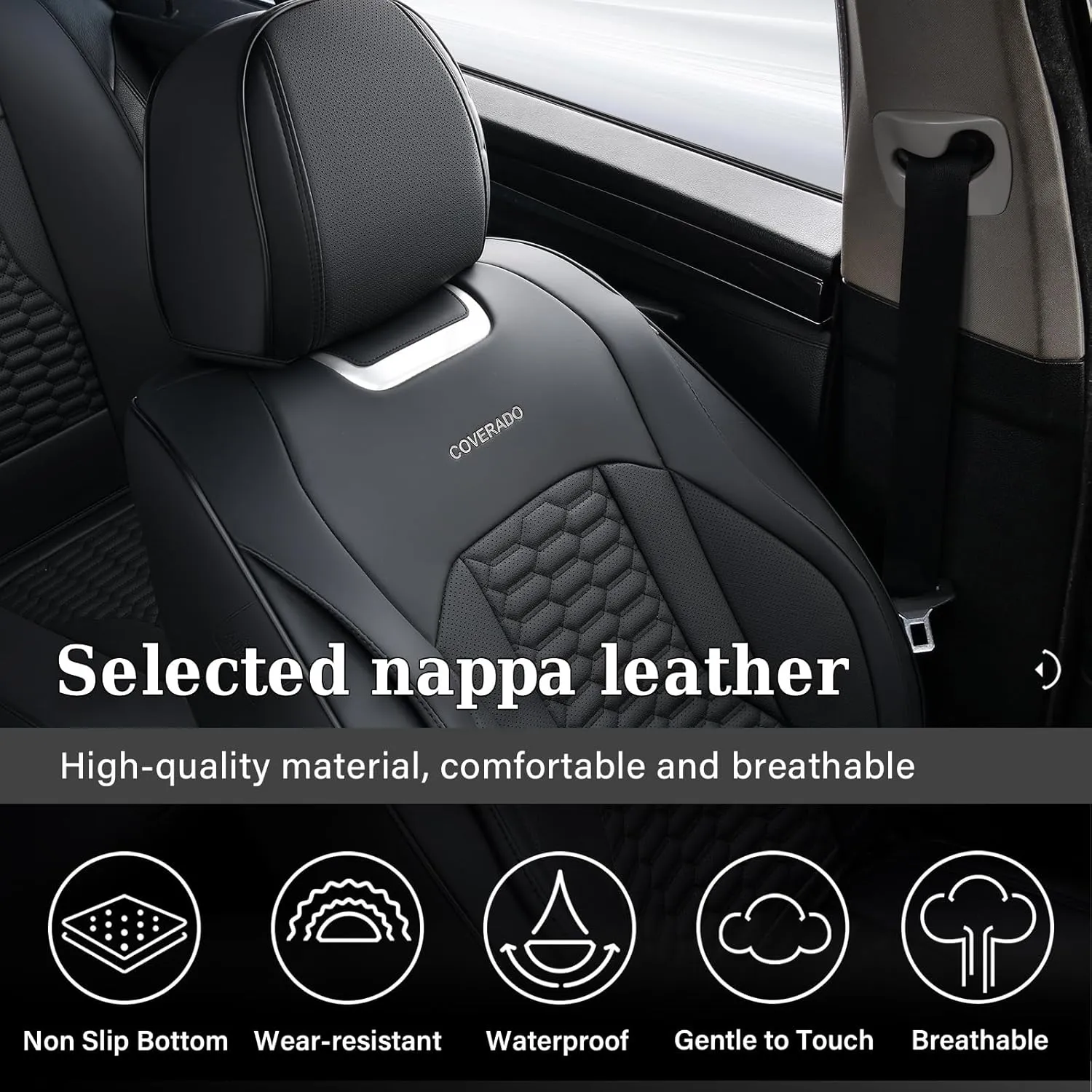 Coverado Car Seat Covers Full Set, Nappa Leather Seat Covers for Cars, Waterproof Automotive Car Seat Covers Interior Accessories Universal Fit Most Sedans, SUVs, Pick-up Trucks (Black)