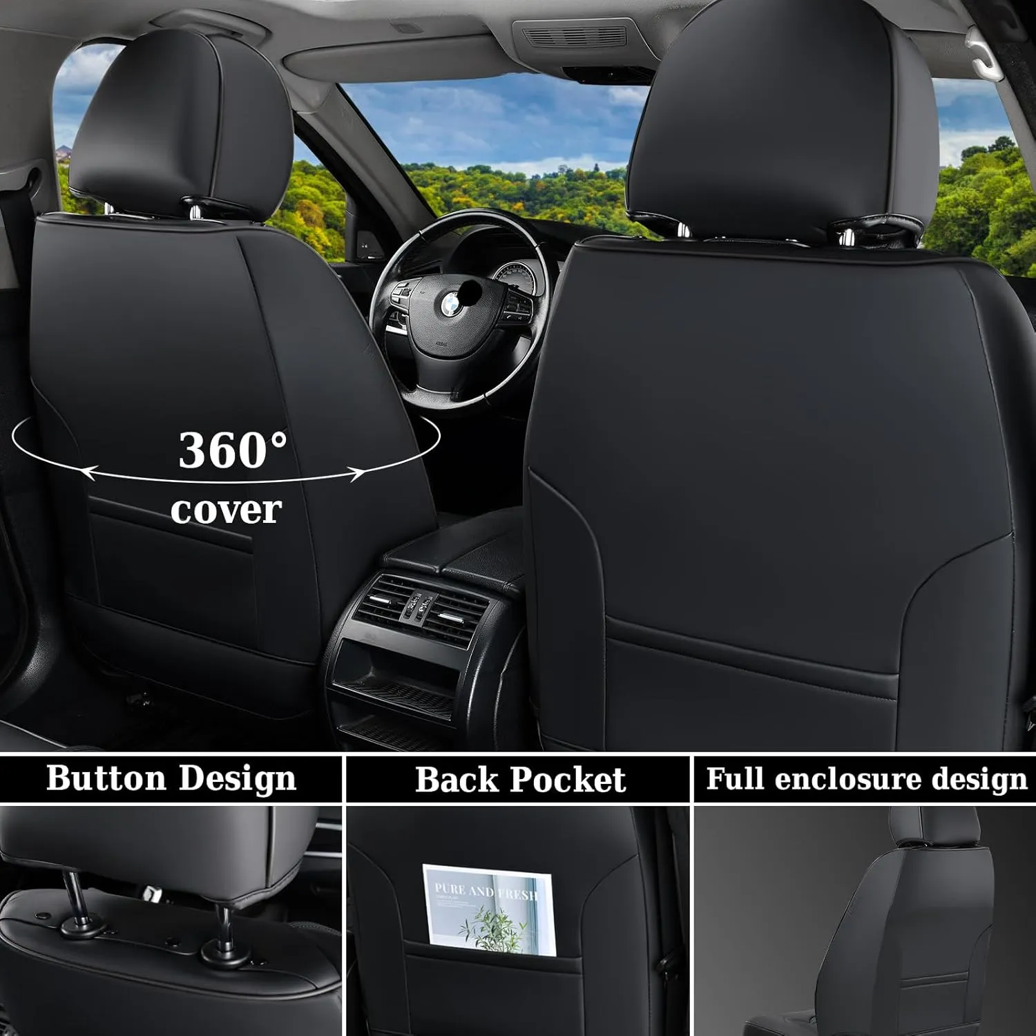 Coverado Car Seat Covers Full Set, Nappa Leather Seat Covers for Cars, Waterproof Automotive Car Seat Covers Interior Accessories Universal Fit Most Sedans, SUVs, Pick-up Trucks (Black)