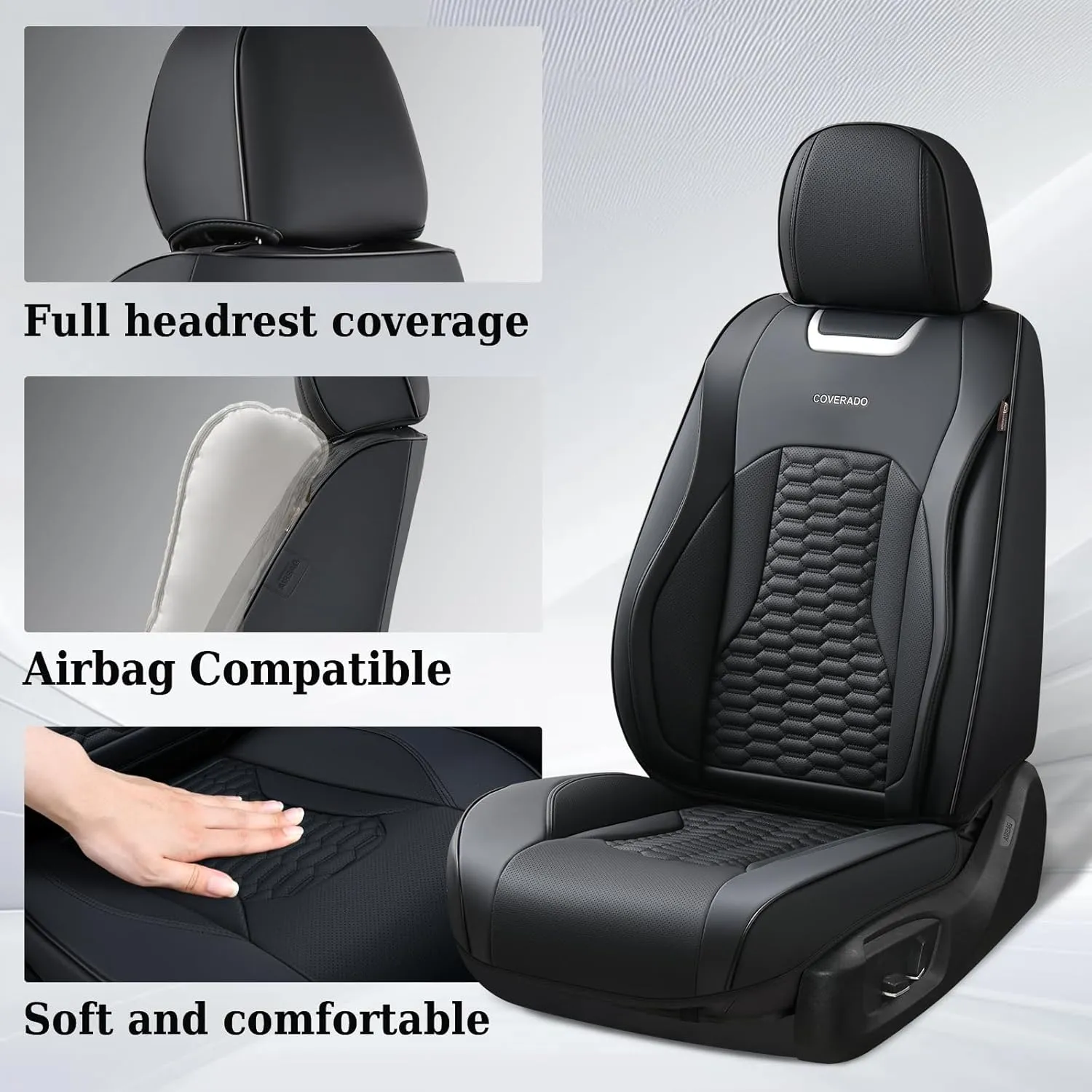 Coverado Car Seat Covers Full Set, Nappa Leather Seat Covers for Cars, Waterproof Automotive Car Seat Covers Interior Accessories Universal Fit Most Sedans, SUVs, Pick-up Trucks (Black)