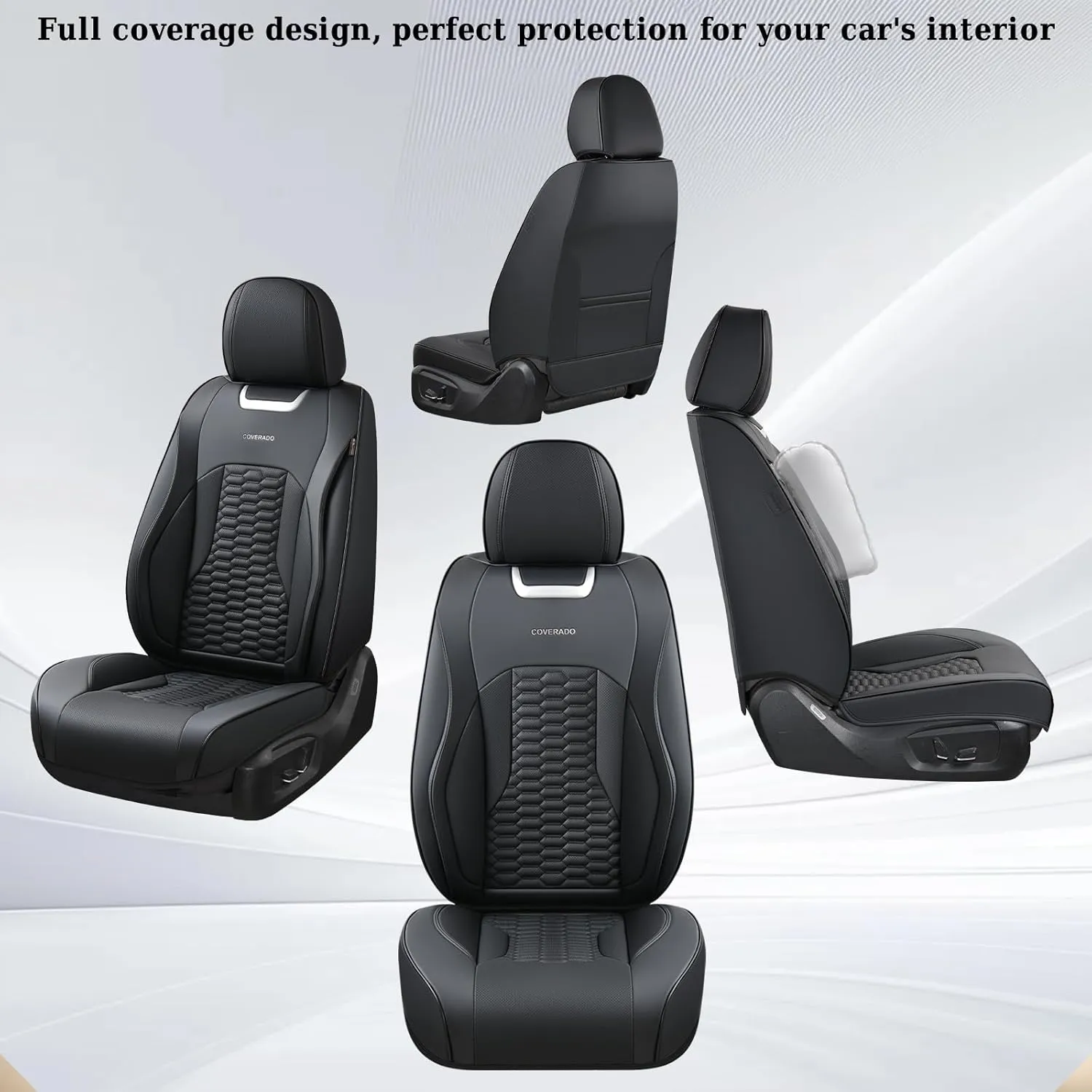 Coverado Car Seat Covers Full Set, Nappa Leather Seat Covers for Cars, Waterproof Automotive Car Seat Covers Interior Accessories Universal Fit Most Sedans, SUVs, Pick-up Trucks (Black)