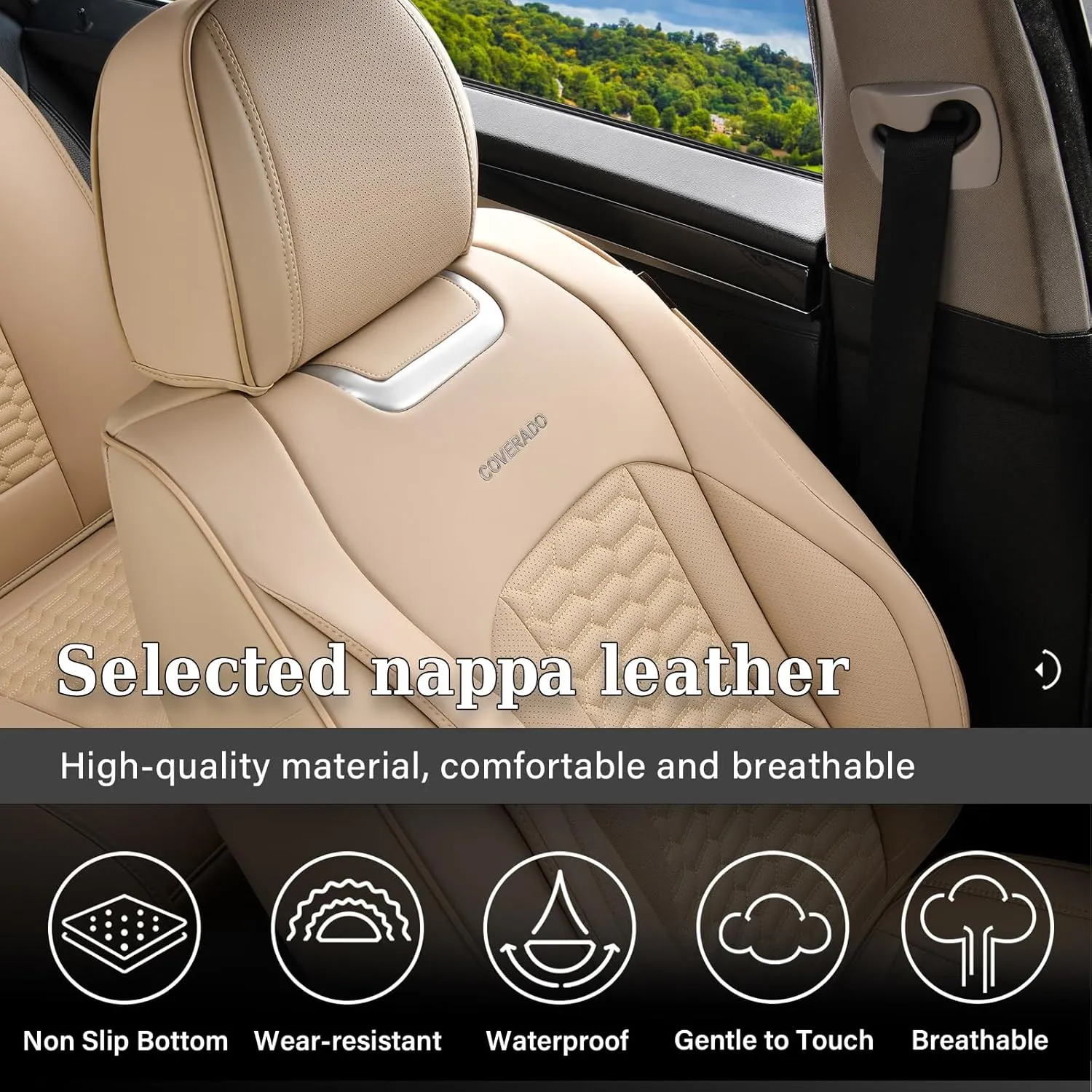 Coverado Car Seat Covers Full Set, Nappa Leather Seat Covers for Cars, Waterproof Automotive Car Seat Covers Interior Accessories Universal Fit Most Sedans, SUVs, Pick-up Trucks(Beige)