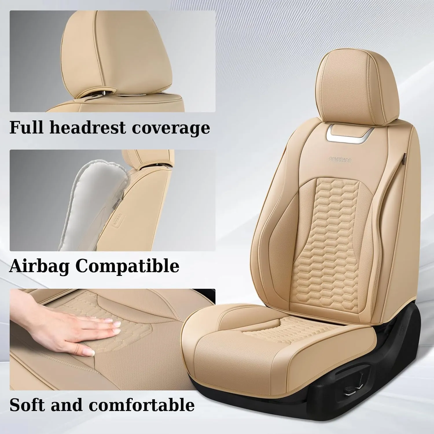 Coverado Car Seat Covers Full Set, Nappa Leather Seat Covers for Cars, Waterproof Automotive Car Seat Covers Interior Accessories Universal Fit Most Sedans, SUVs, Pick-up Trucks(Beige)