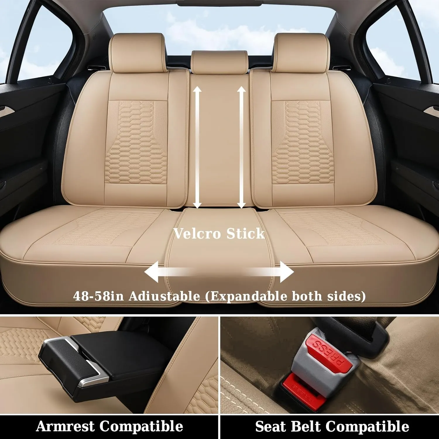 Coverado Car Seat Covers Full Set, Nappa Leather Seat Covers for Cars, Waterproof Automotive Car Seat Covers Interior Accessories Universal Fit Most Sedans, SUVs, Pick-up Trucks(Beige)