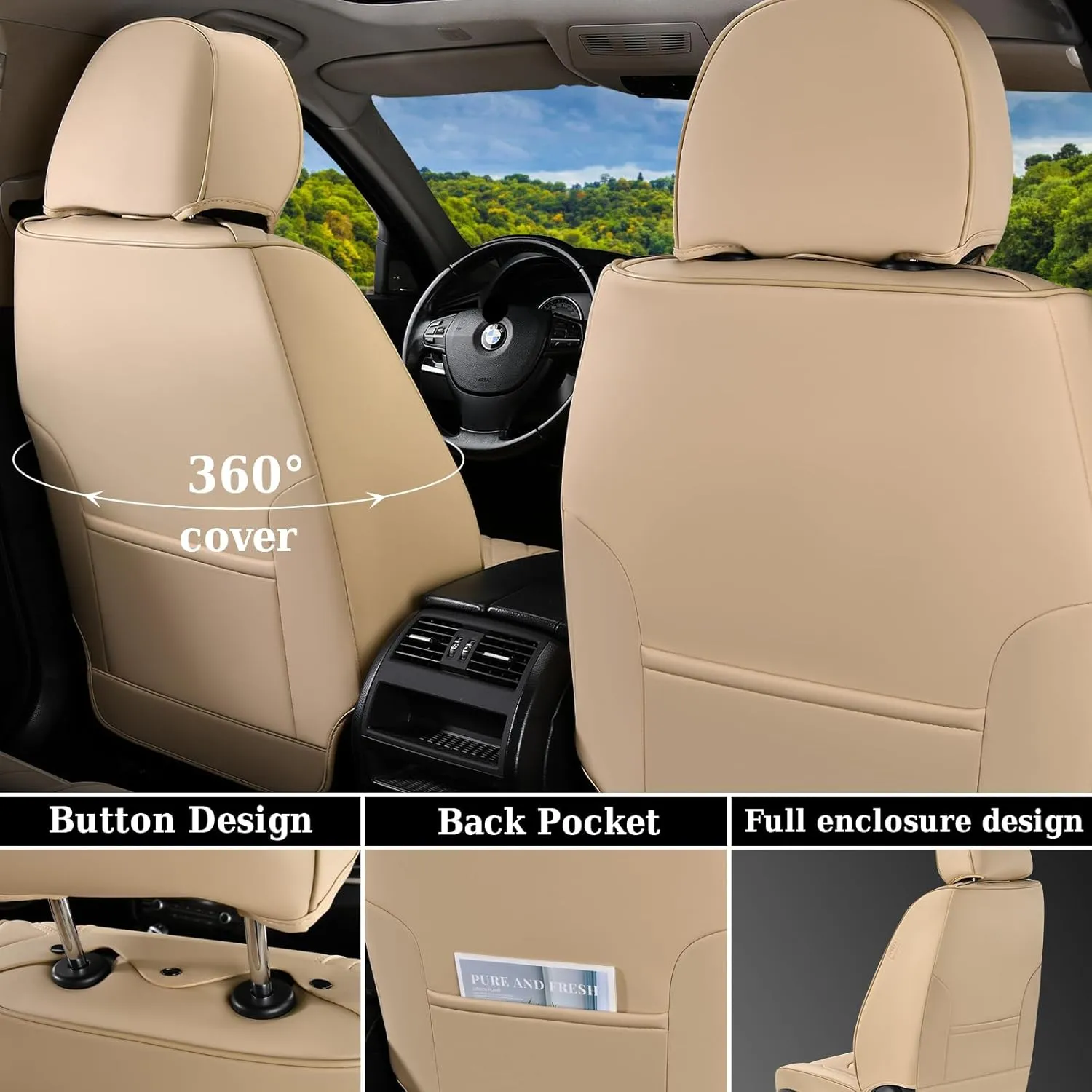 Coverado Car Seat Covers Full Set, Nappa Leather Seat Covers for Cars, Waterproof Automotive Car Seat Covers Interior Accessories Universal Fit Most Sedans, SUVs, Pick-up Trucks(Beige)