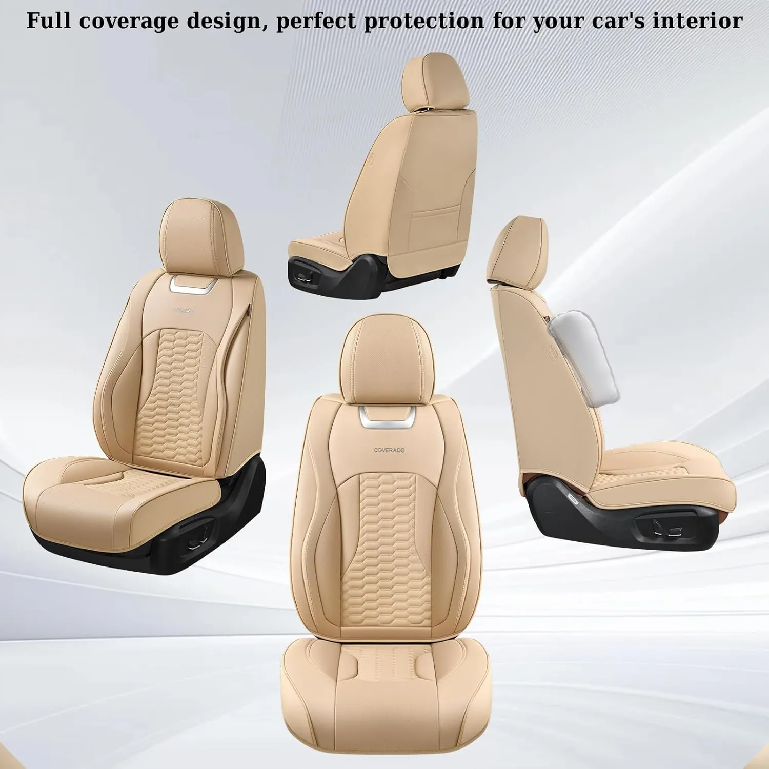 Coverado Car Seat Covers Full Set, Nappa Leather Seat Covers for Cars, Waterproof Automotive Car Seat Covers Interior Accessories Universal Fit Most Sedans, SUVs, Pick-up Trucks(Beige)