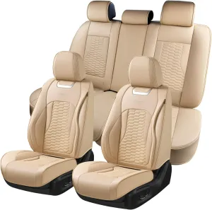 Coverado Car Seat Covers Full Set, Nappa Leather Seat Covers for Cars, Waterproof Automotive Car Seat Covers Interior Accessories Universal Fit Most Sedans, SUVs, Pick-up Trucks(Beige)
