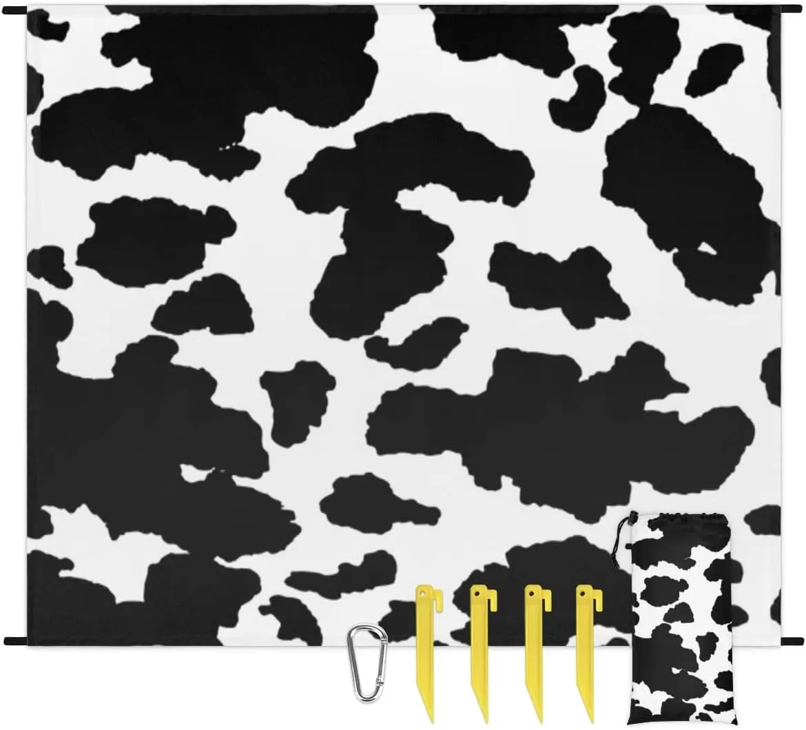 Cow Print Lightweight Beach Blanket Waterproof Sandproof 59"X68" Sand Free Beach Mat with 4 Stakes Compact Outdoor Blanket for Beach Quick Drying Picnic Mat for Travel Camping