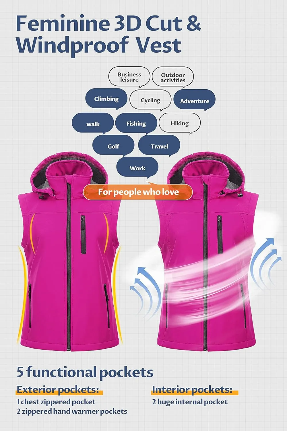 CREATMO US Women's Lightweight Softshell Vest Outerwear Windbreaker Sleeveless Jacket With Removable Hood